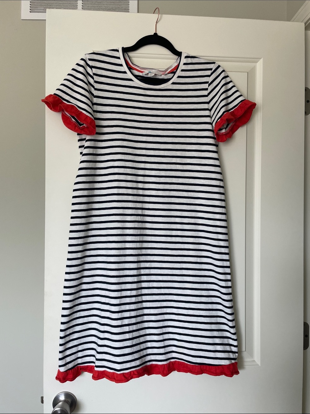 Boden White and Navy Striped Dress with Red Ruffle Trim